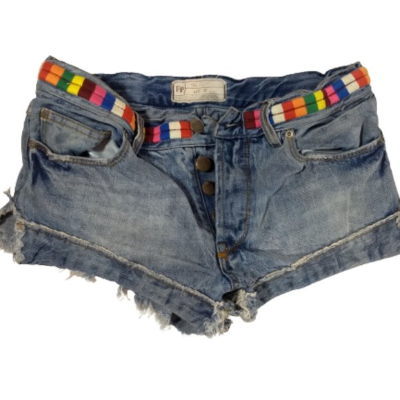 Free People Blue Jean Shorts Multicolor waistband Women's Size 25 - Picture 2 of 5